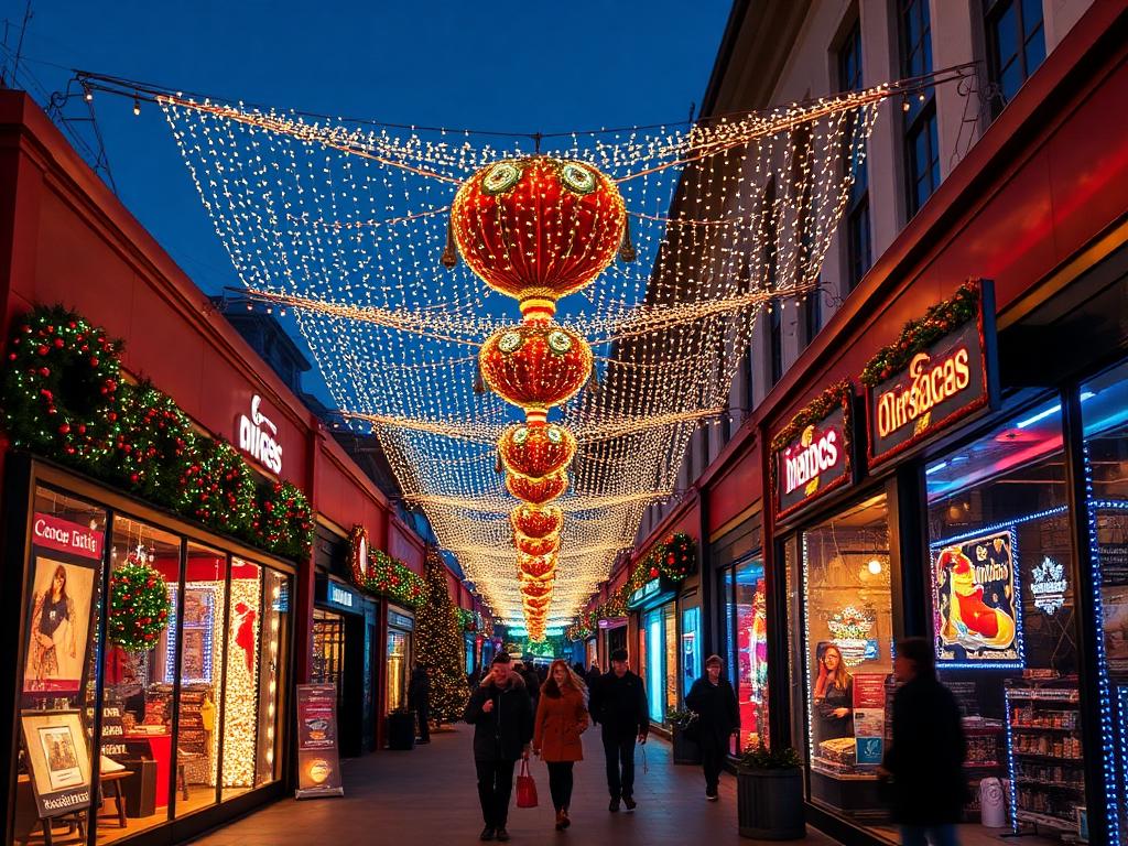 Shopping center holiday lighting display for commercial Christmas light installation in the Front Range service area