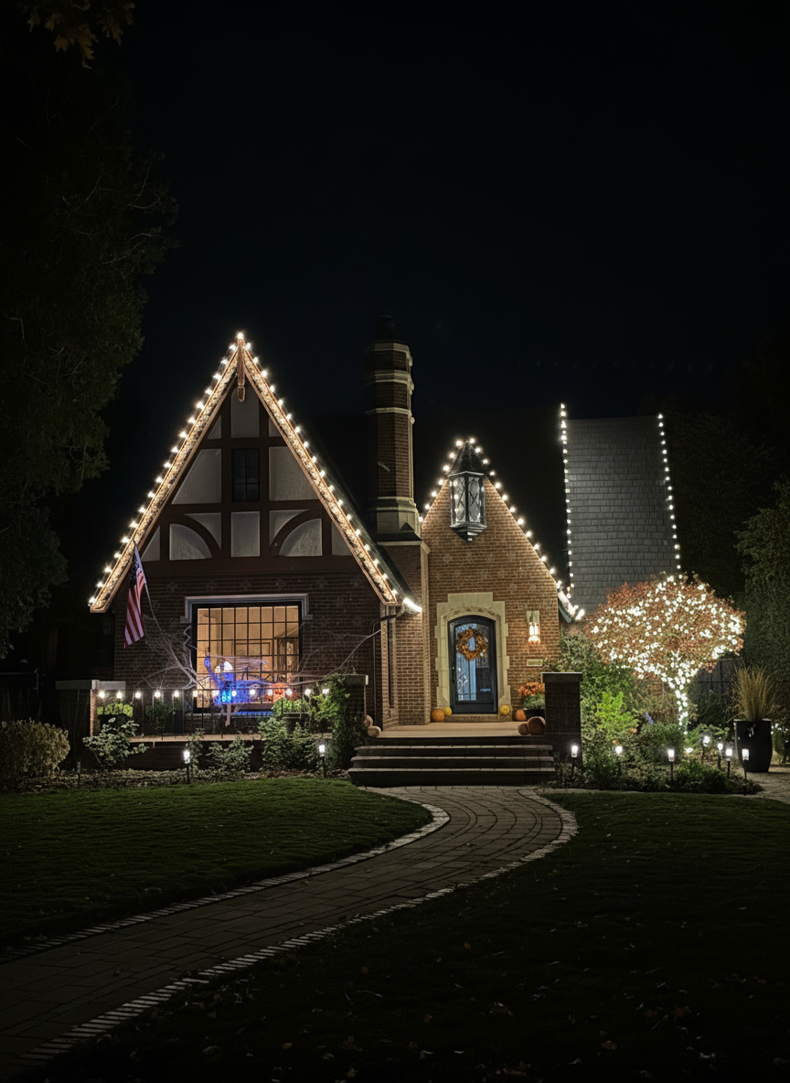 Company Front Range portfolio: a home with professionally installed holiday roofline lighting